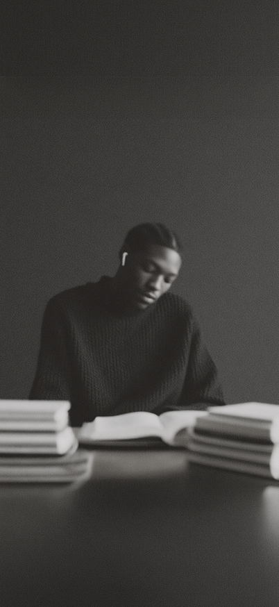 A young man wearing an earbud studies at a table stacked with books