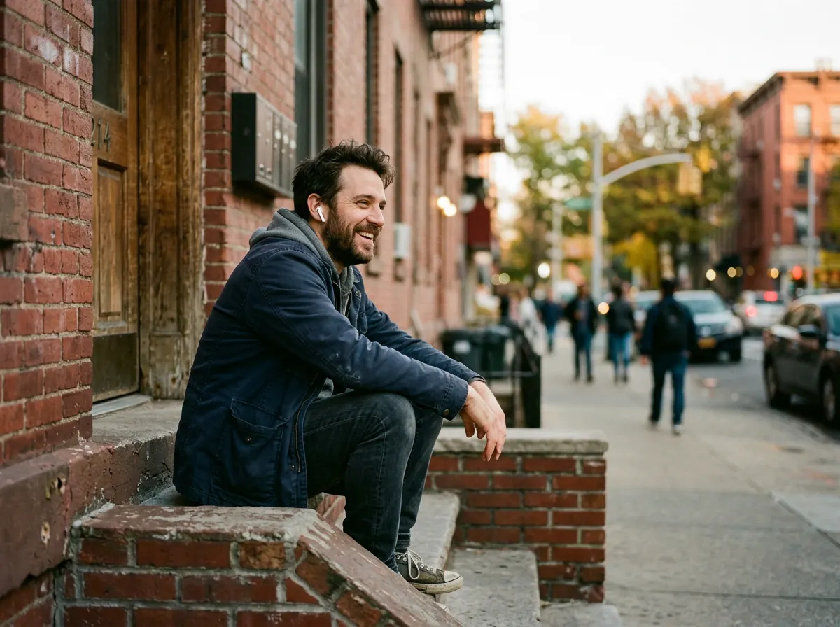 A man sitting on a stoop, laughing with Ivy in his ear